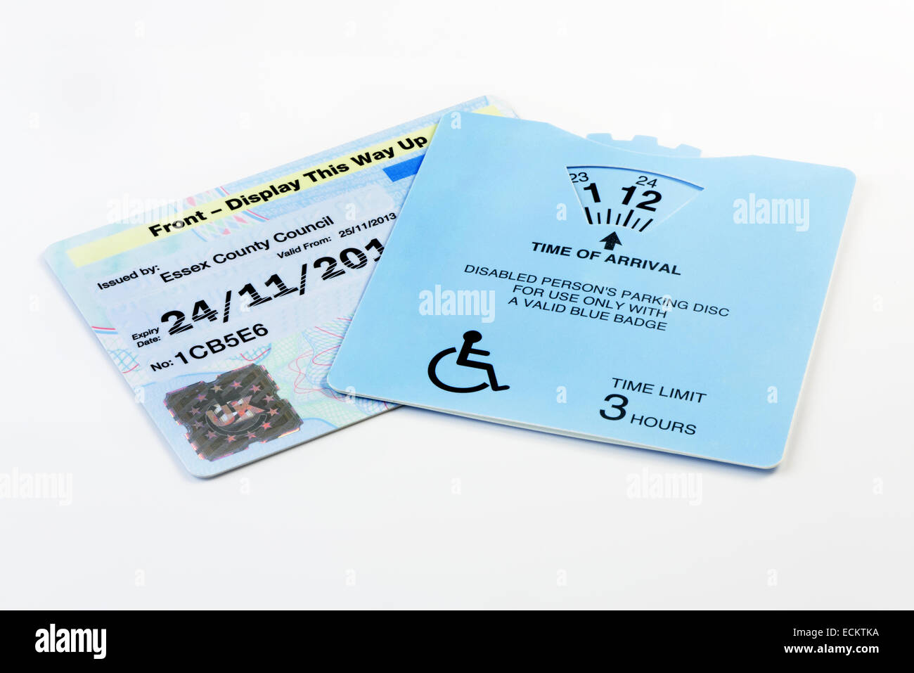 A Disabled Blue Badge pass as issued in the United Kingdom to allow holders special car parking privileges Stock Photo