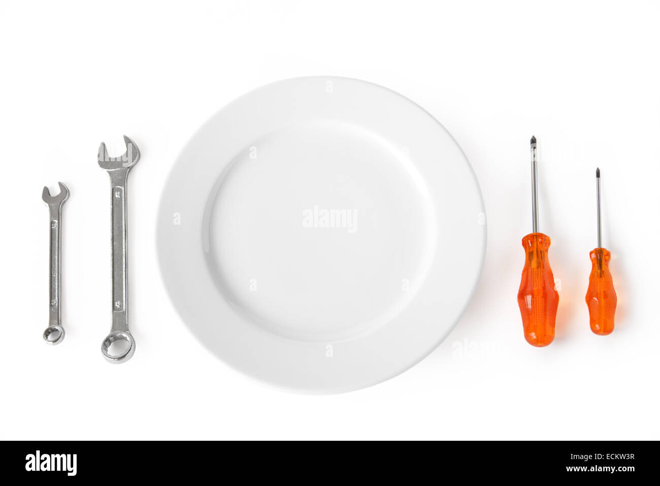Round white plate with wrenches and screwdrivers Stock Photo