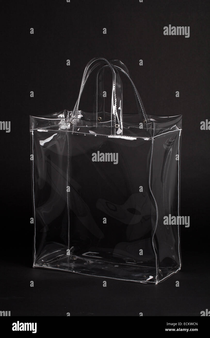 Transparent vinyl bag isolated on black background. Stock Photo