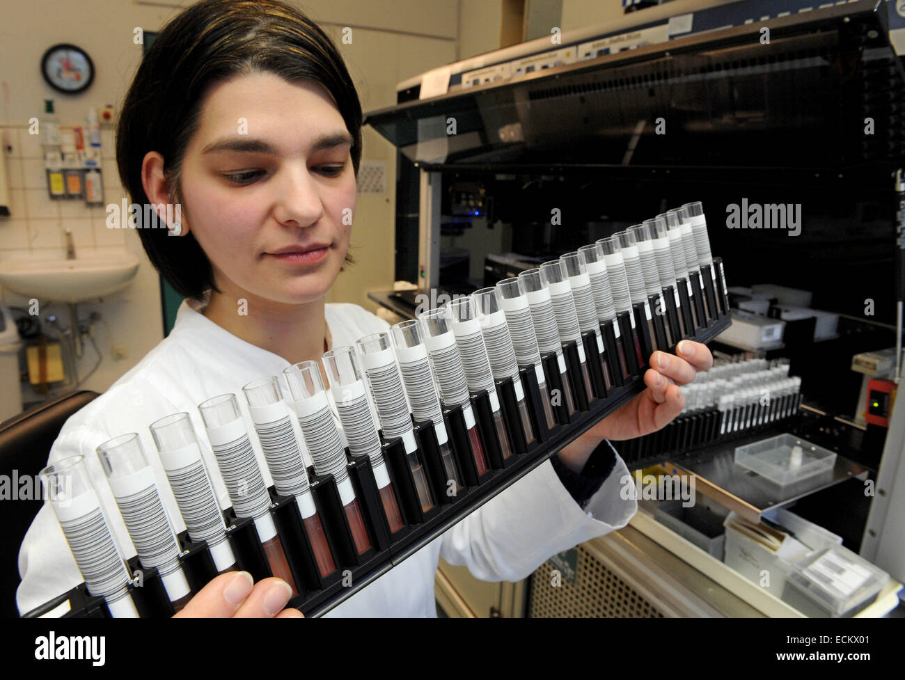 Oldenburg, Lower Saxony, Germany. 16th Dec, 2014. To identify avian influenza, the medical-technical laboratory assistant (MTLA) Sabrina Dewald equips an analyser in the Lower Saxony Regional Office of Consumer Protection and Food Safety (LAVES) in Oldenburg, Lower Saxony, Germany, 16 December 2014. Thge samples were collected at a turkey fattening farm in Barßel, Germany, where tha avian influenza H5N8 was identified. Therefor all the farms animals were killed. PHOTO: INGO WAGNER/dpa/Alamy Live News Stock Photo