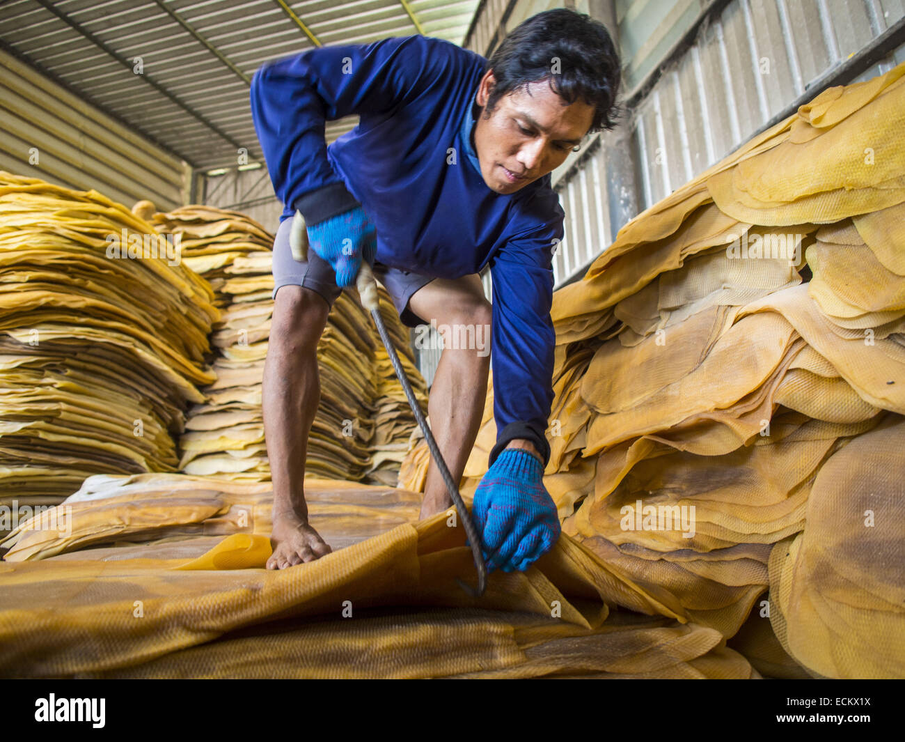 Chum Saeng, Rayong, Thailand. 15th Dec, 2014. A worker stacks rubber