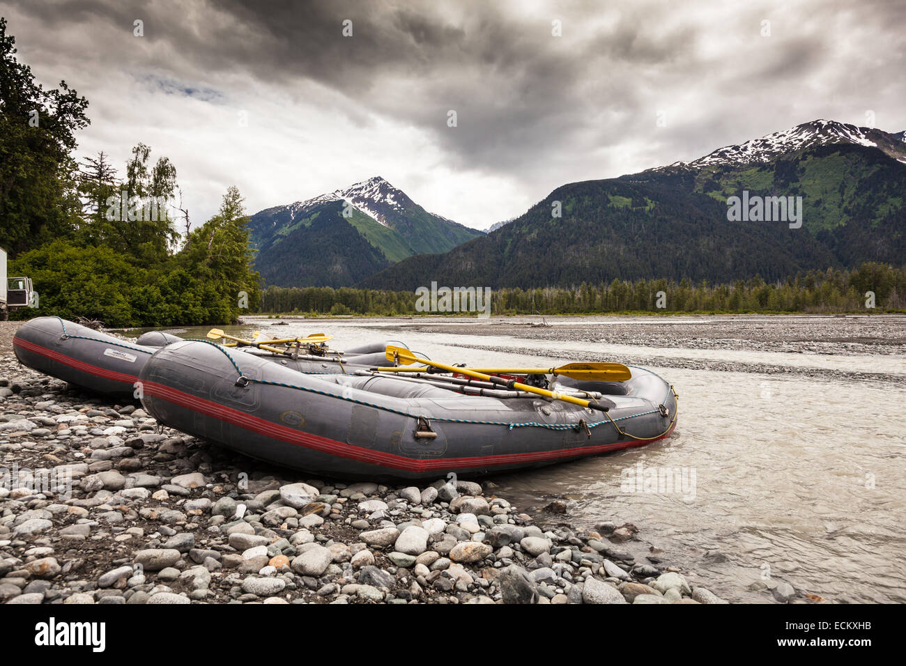 Tsirku river in the Haines Eagle Preserve, near Skagway, Alaska, USA, North America. Rafting boats ready to take adventures. Stock Photo