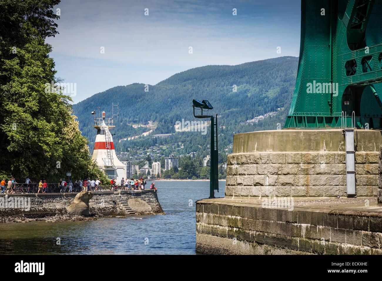 Stanley Park, Vancouver, Canada, North America. Lions Gate Bridge and Prospect Point lighthouse. Stock Photo