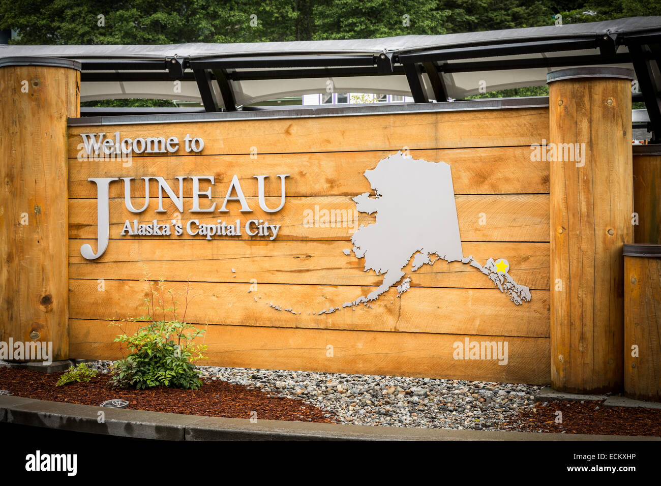 Juneau, Alaska, USA, North America.  City sign in the cruise ship mooring / docks area. Stock Photo
