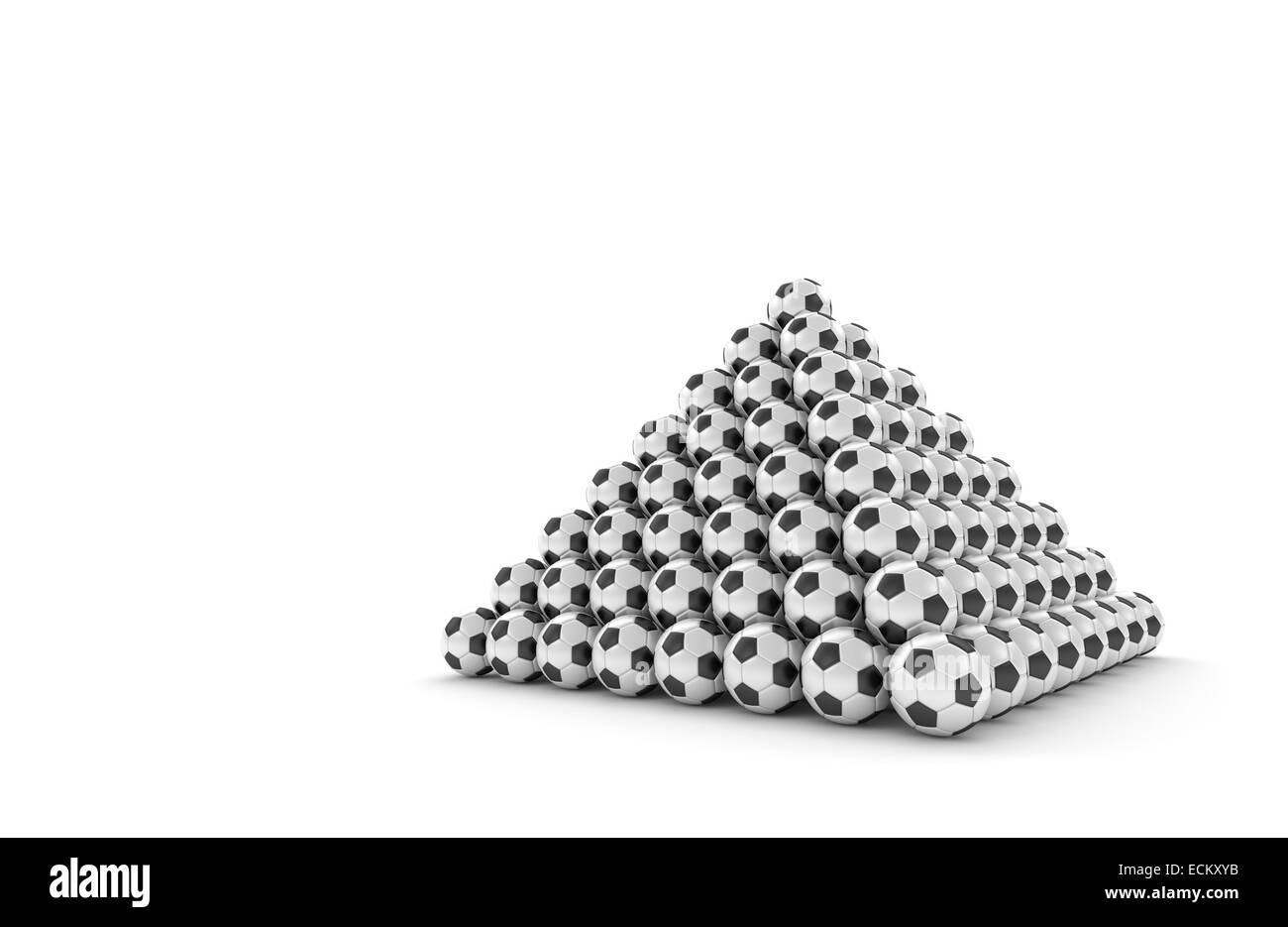 Tens of soccer balls forming a pyramid Stock Photo
