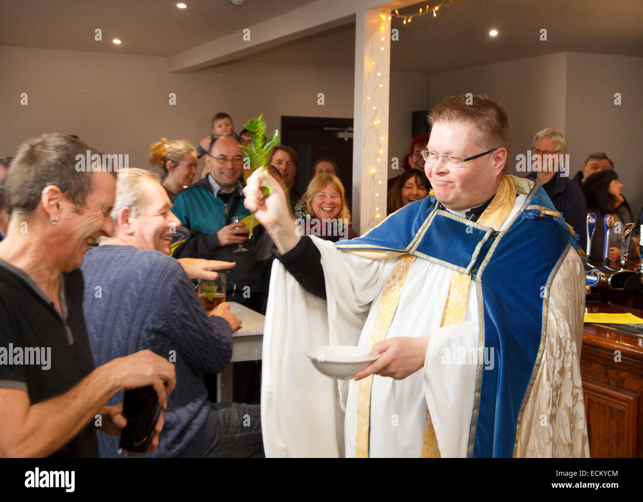 The opening of The Bevendean Cooperative Pub to the general public and its blessing by Father John Wall.. Stock Photo