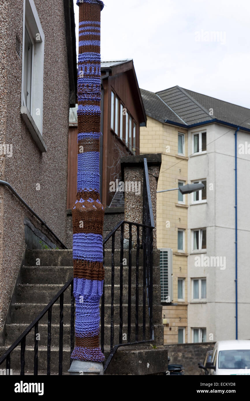 Yarn Bombing knit around a lamp post in Oban, Argyll and Bute