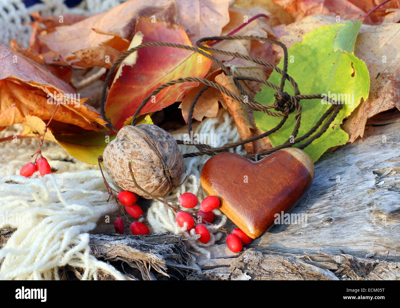 Ethnic handmade wooden heart amulet on autumn-style background Stock Photo