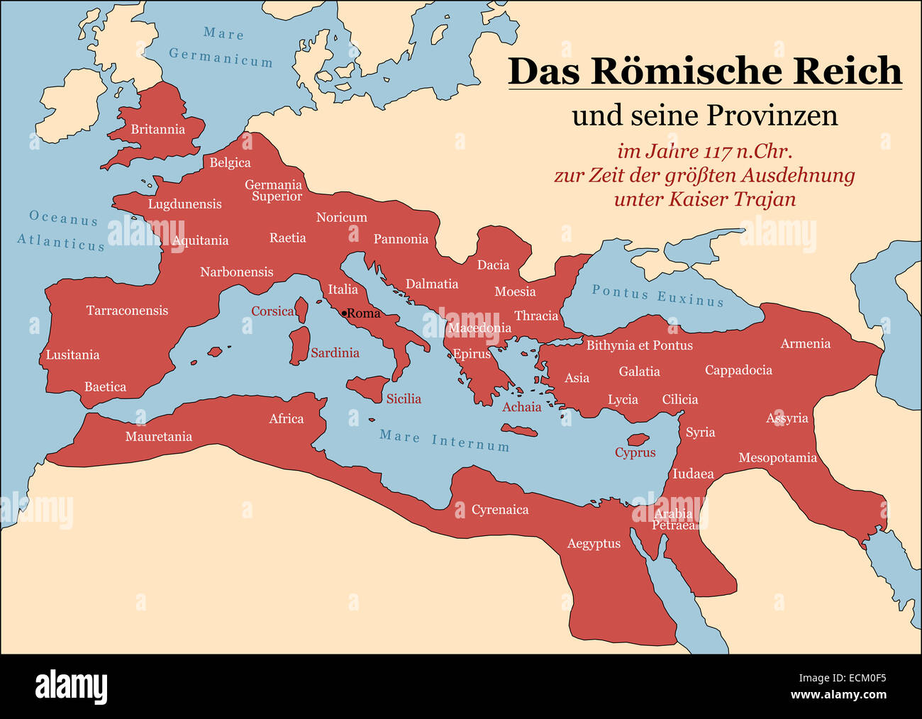 The Roman Empire at its greatest extent in 117 AD at the time of Trajan, plus principal provinces. German labeling! Stock Photo