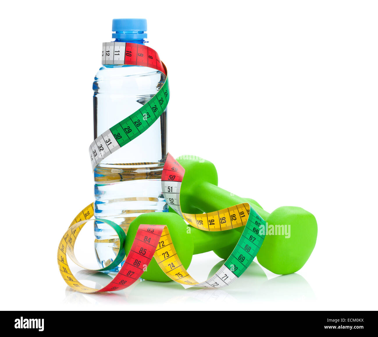 Two green dumbells, tape measure and water bottle. Fitness and health
