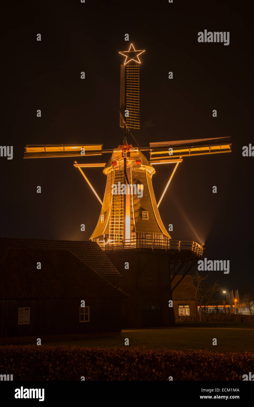 A Dutch windmill with Christmas lights in Winterswijk in the