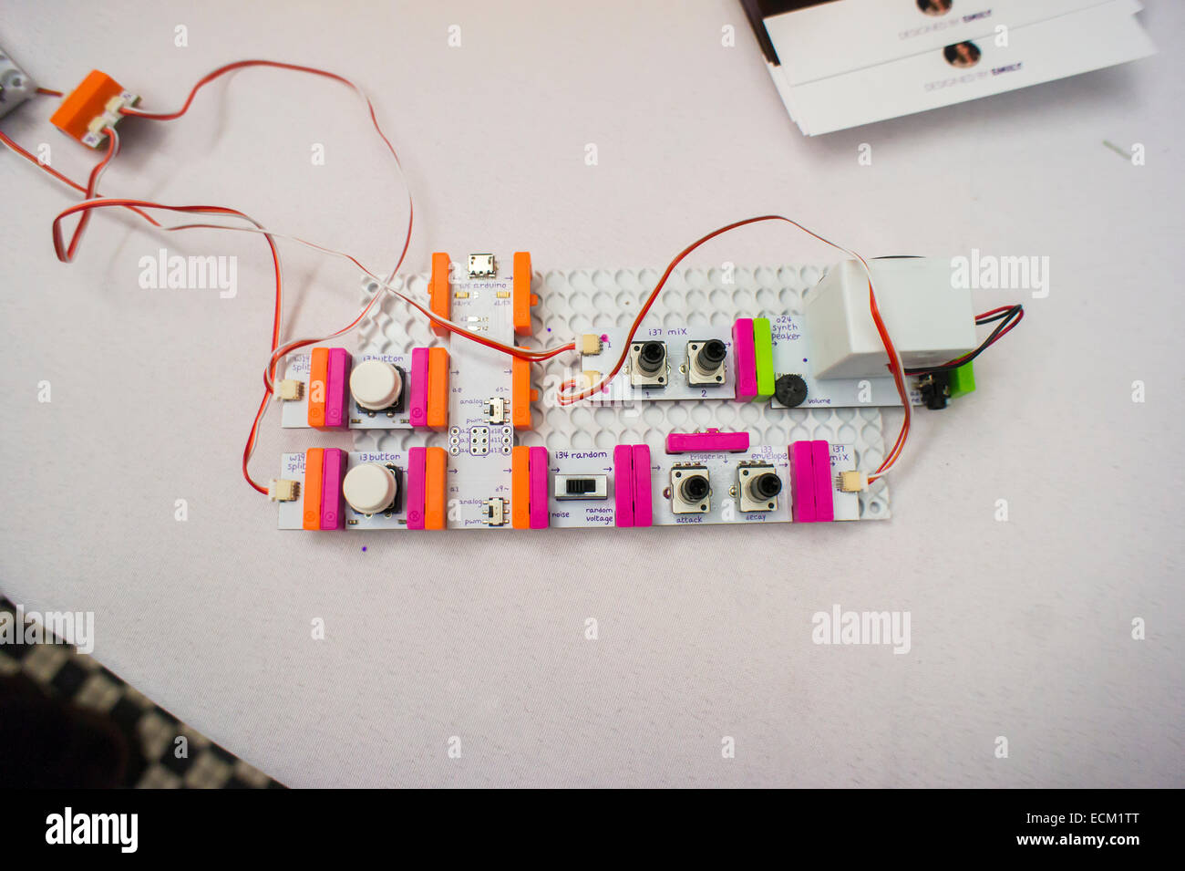 A LittleBits module at a RadioShack sponsored demonstration at an event in New York on Saturday, December 13, 2014. The retailer joined with LittleBits to promote the company's DIY kits which enable you to automate your household gadgets to connect to the 'Internet of Things' (IoT). Various modules connect together to turn your analog appliances into cloud connected smart appliances. RadioShack sells the devices hoping to reinvigorate itself as the go to place for DIY tech geeks. (© Richard B. Levine) Stock Photo