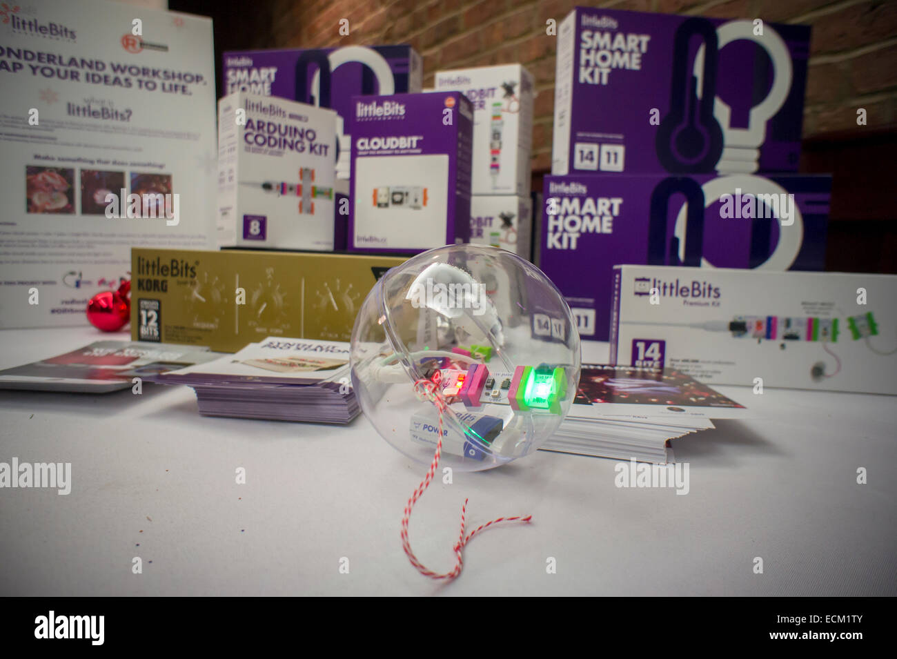 RadioShack sponsors a demonstration of LittleBits technology at an event in New York on Saturday, December 13, 2014. The retailer joined with LittleBits to promote the company's DIY kits which enable you to automate your household gadgets to connect to the 'Internet of Things' (IoT). Various modules connect together to turn your analog appliances into cloud connected smart appliances. RadioShack sells the devices hoping to reinvigorate itself as the go to place for DIY tech geeks. (© Richard B. Levine) Stock Photo