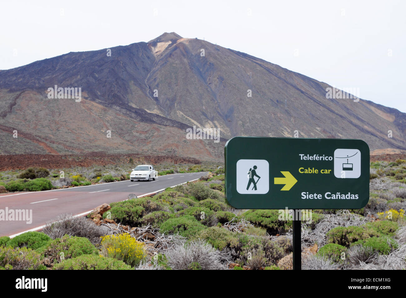 car driving along the road leading through the del teide nation park (Tenerife, Spain). Stock Photo