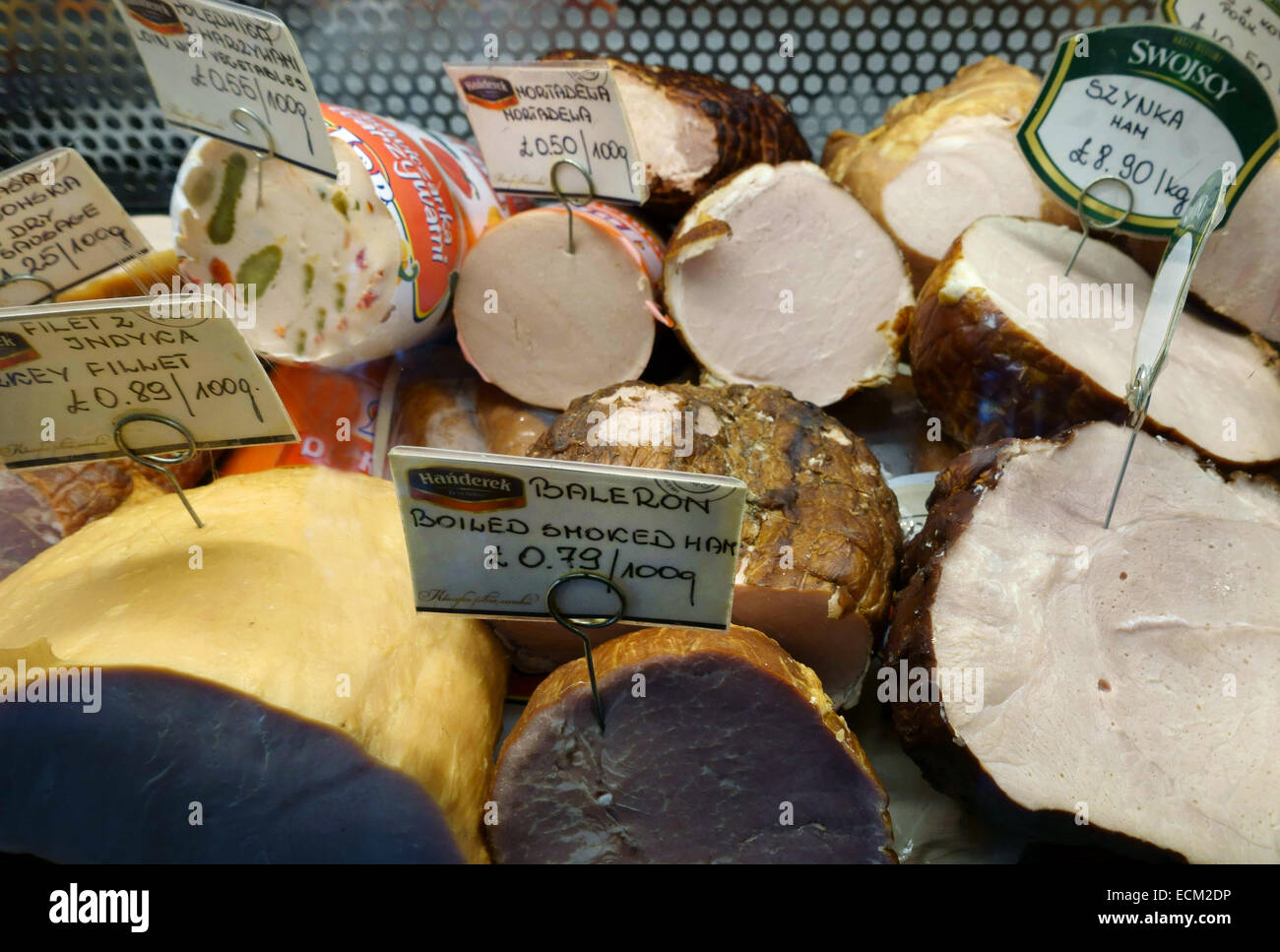 Cooked meat from Poland displayed in Polsmak Polish delicatessen in Dalston, London Stock Photo