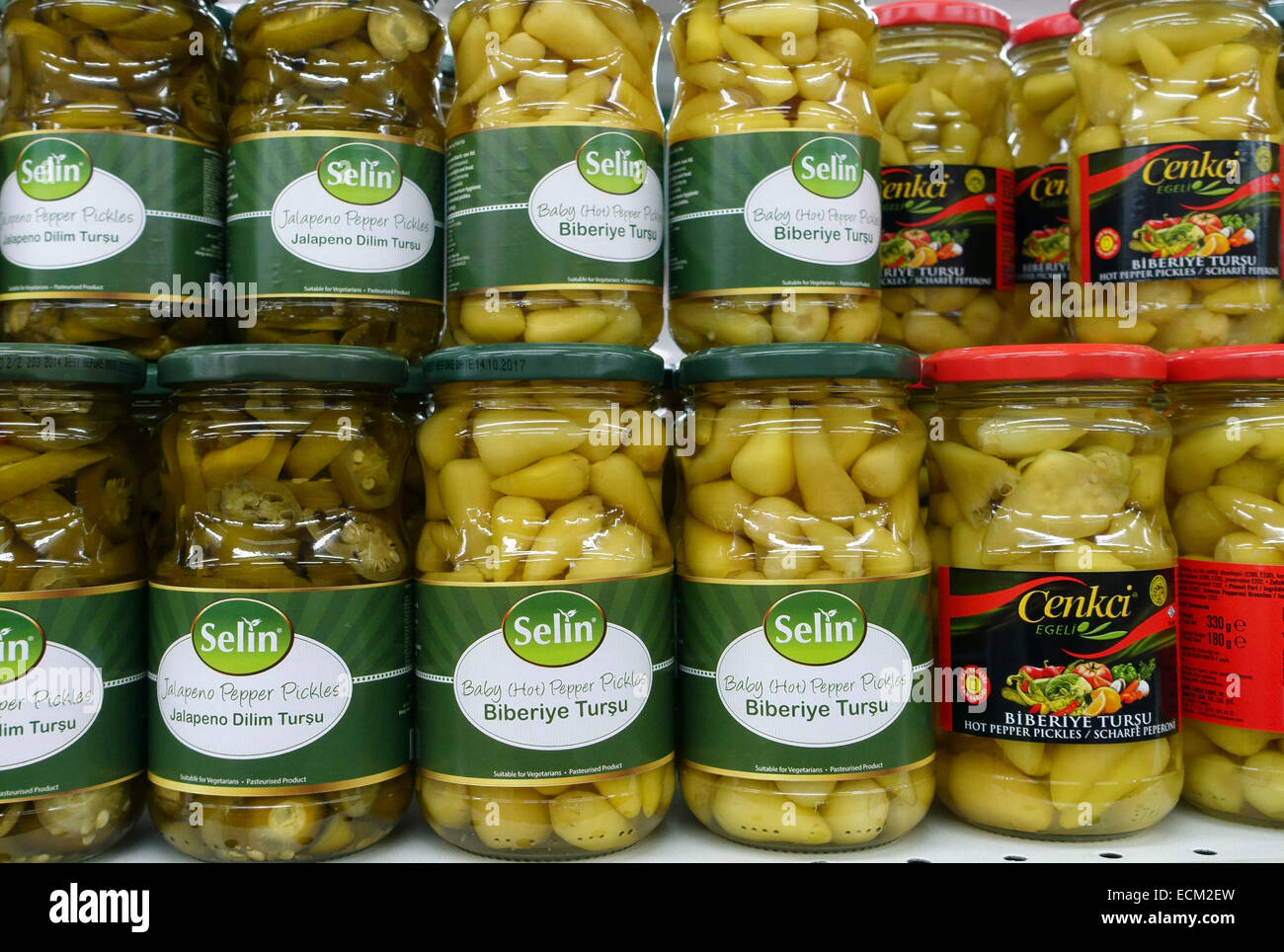 Jars of pickles in Turkish Food Centre, Dalston, London Stock Photo