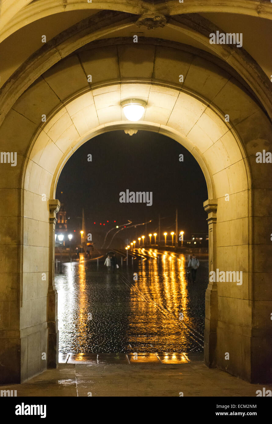 Looking toward Agustus Bridge, Dresden, on a rainy night. Stock Photo