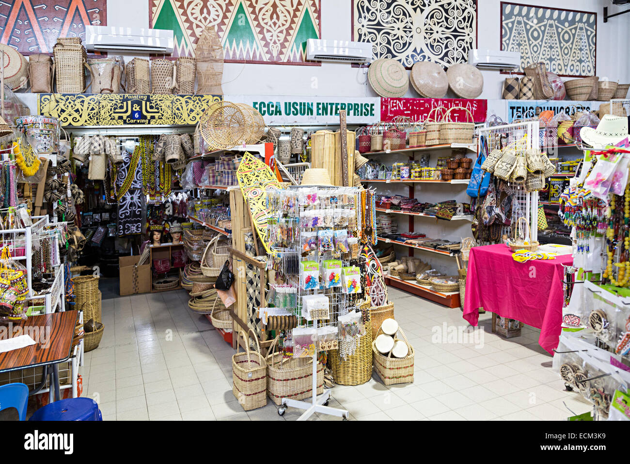 Local artisan goods on sale in indoor market emporium, Miri, Malaysia Stock Photo