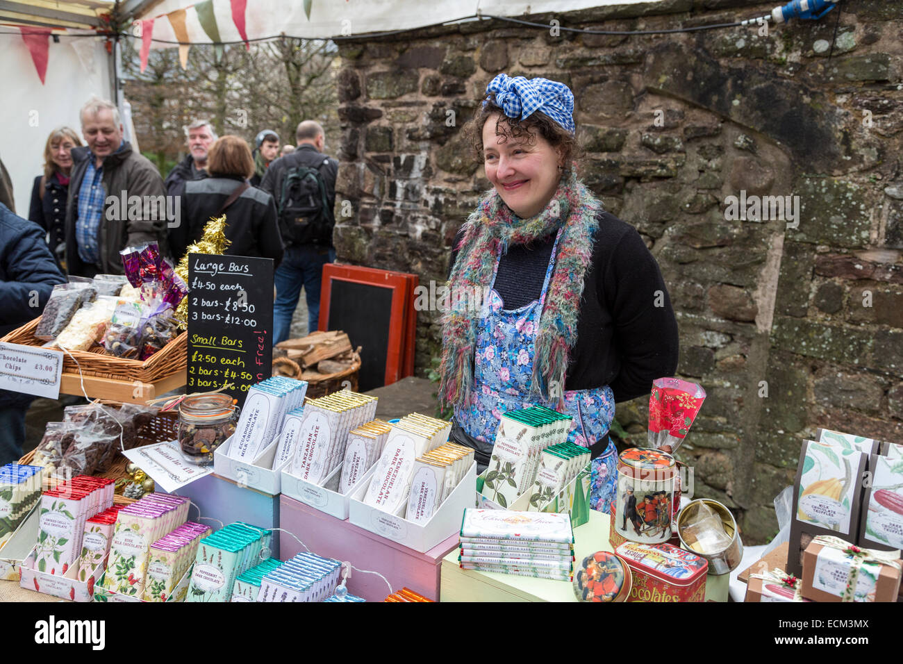 Market stall selling chocolate at the Christmas Food Festival, Abergavenny, Wales, UK Stock Photo