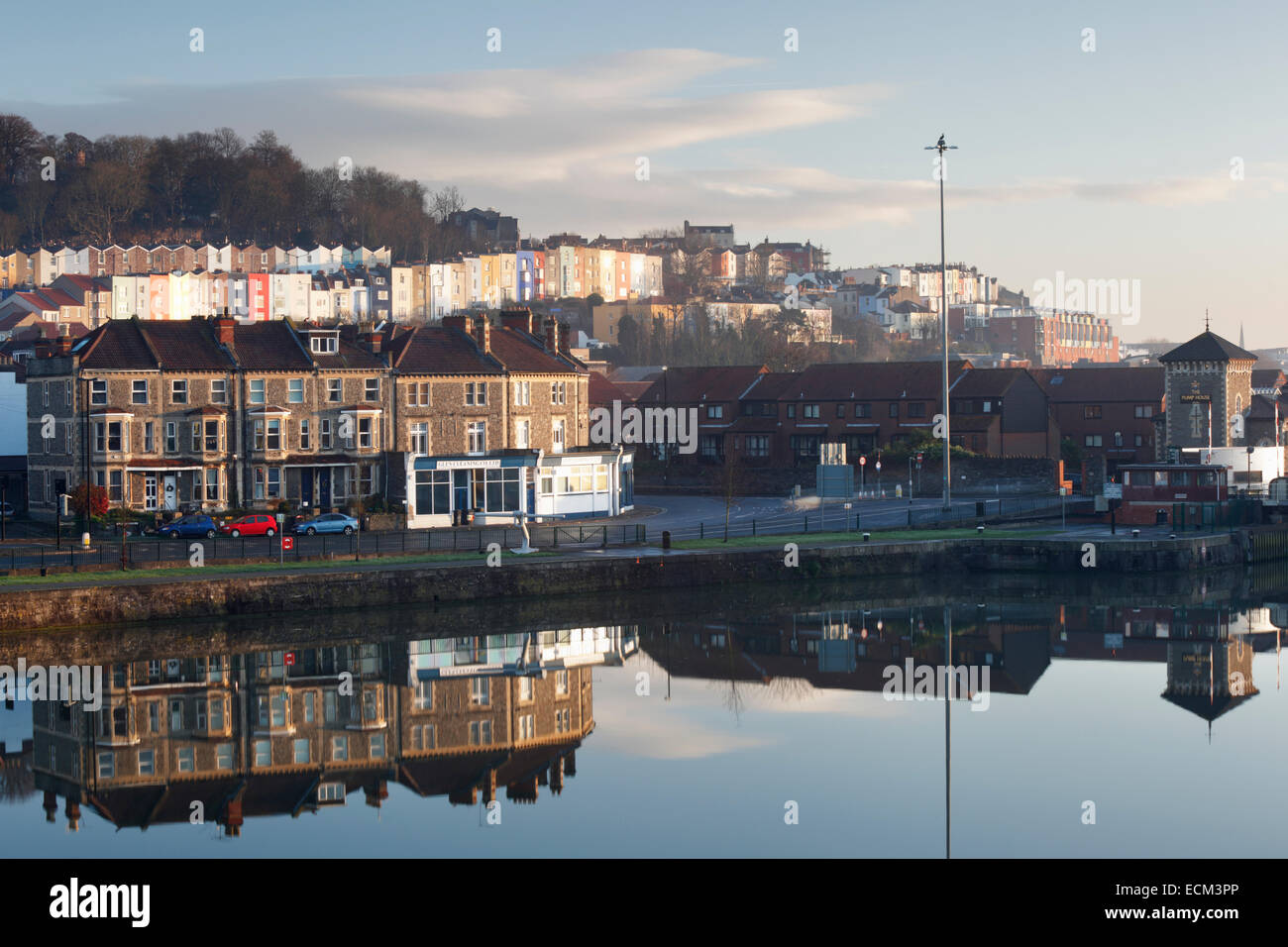 Bristol Floating Harbour at Cumberland Basin. Terraced houses in Hotwells and Clifton Wood. Bristol. England. UK. Stock Photo