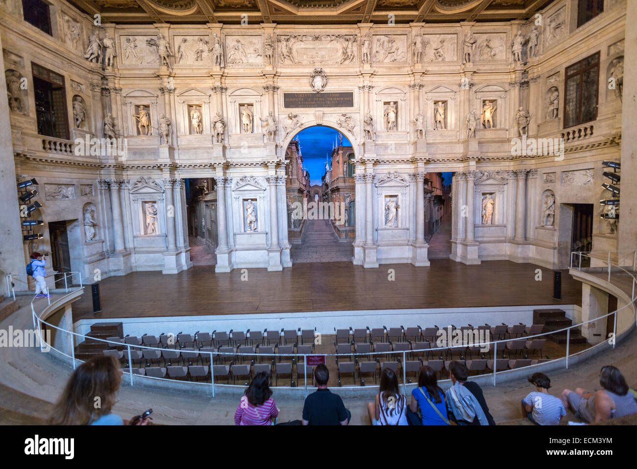Scaenae frons of the Teatro Olimpico. The large arch in the center is known as the porta regia or royal arch. By Andrea Palladio Stock Photo