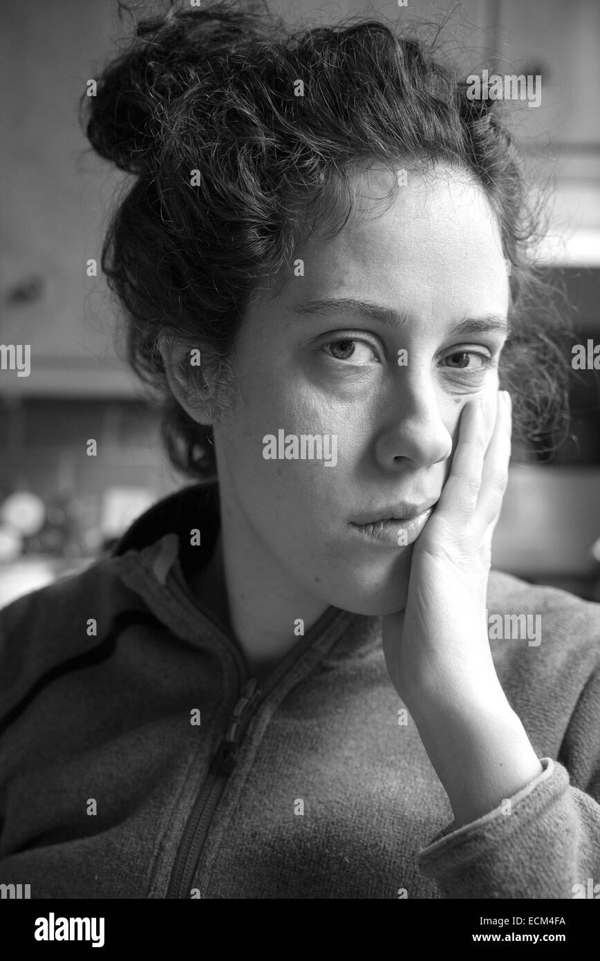 Sad tired young woman Black and White Stock Photos & Images - Alamy