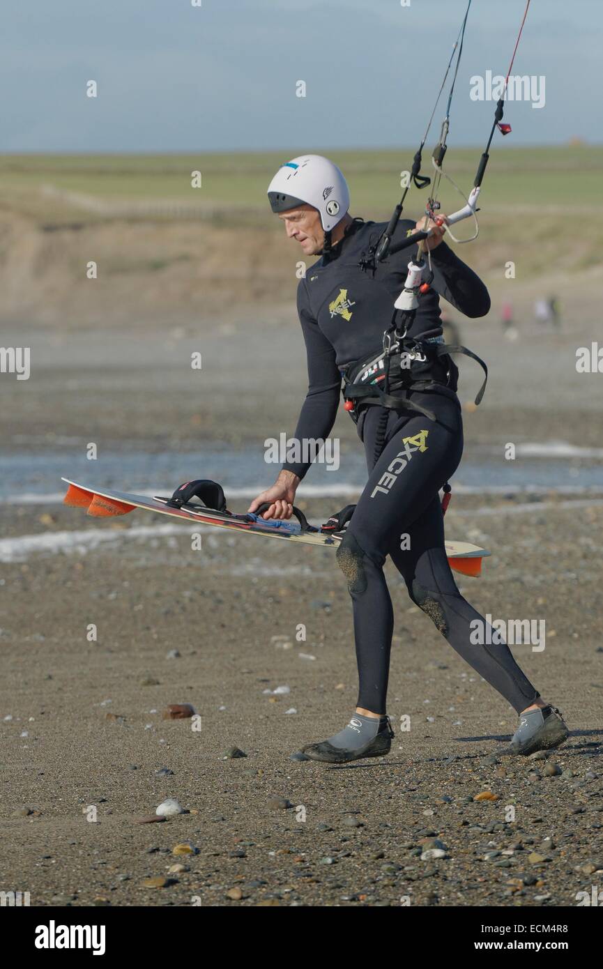 Kiteboarding in strong winds a big seas at Porth Neigwl, North Wales