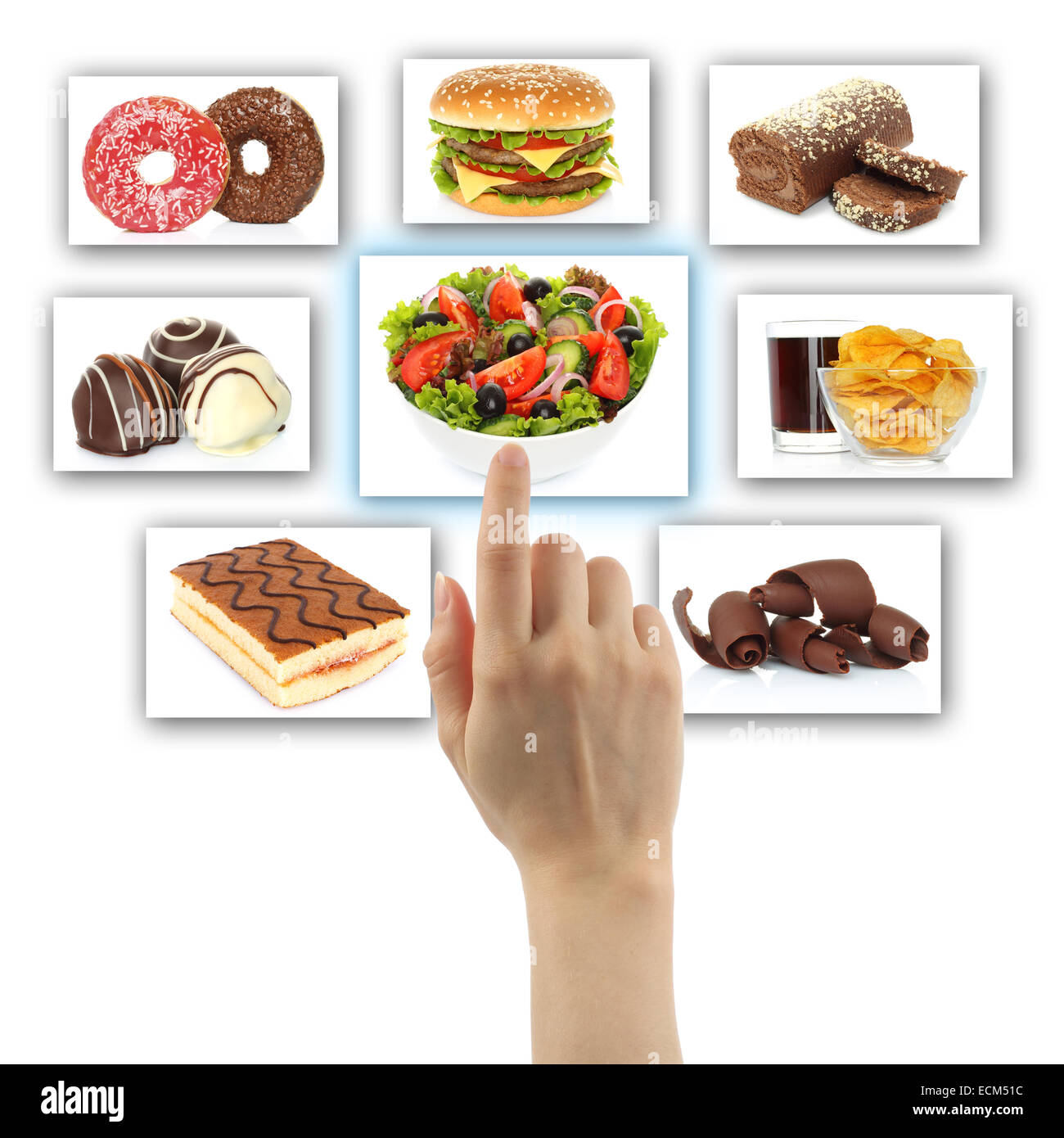 Woman hand uses touch screen interface with food on white background Stock Photo