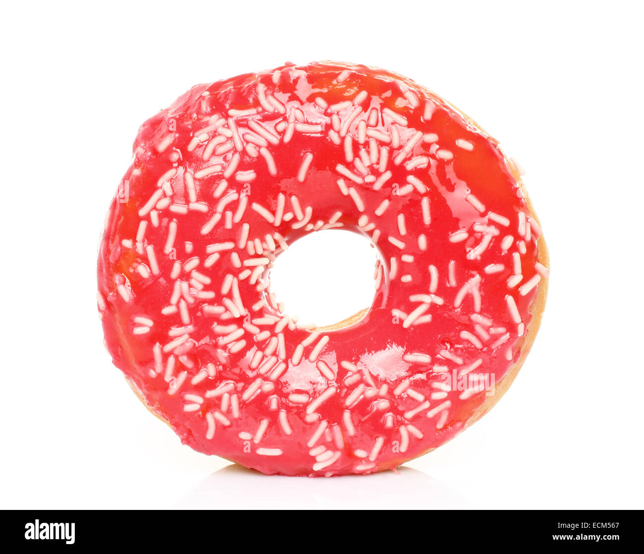 Pink donut with sprinkles on white background Stock Photo Alamy