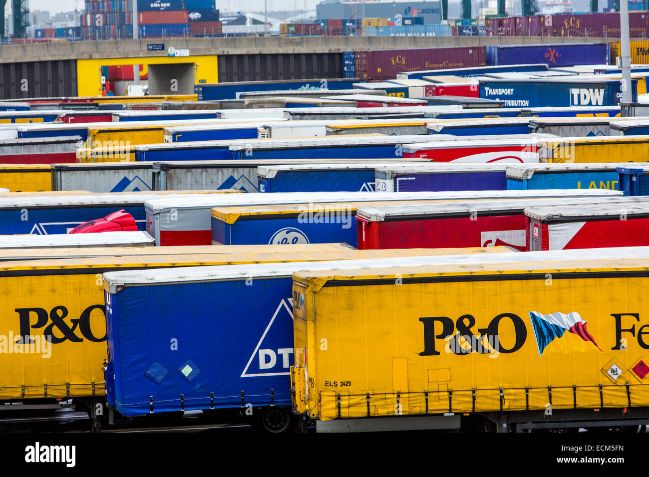 Seaport, harbor freight, trucks with cargo waiting at the cargo