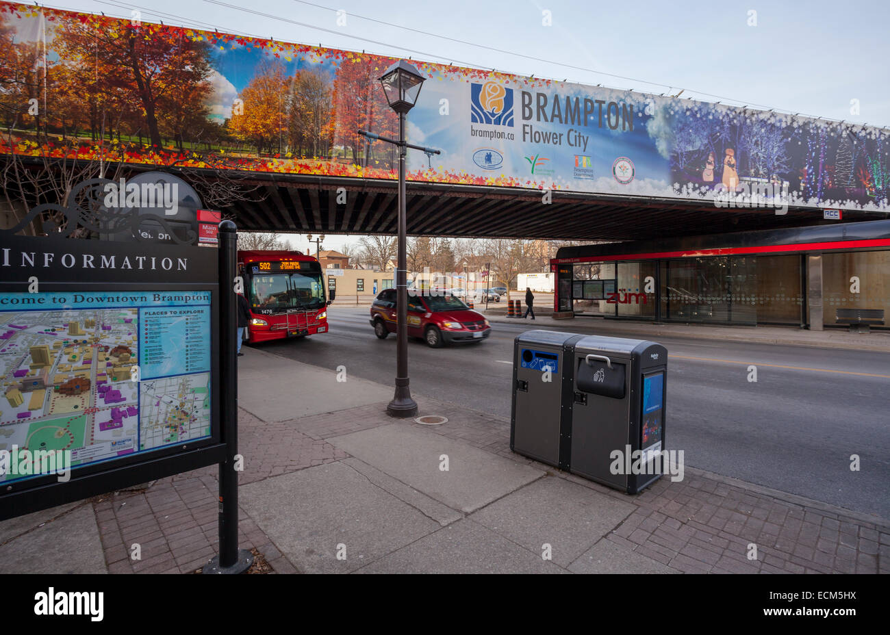 A banner advertising Brampton and a Züm rapid transit bus and station. Ontario, Canada. Stock Photo