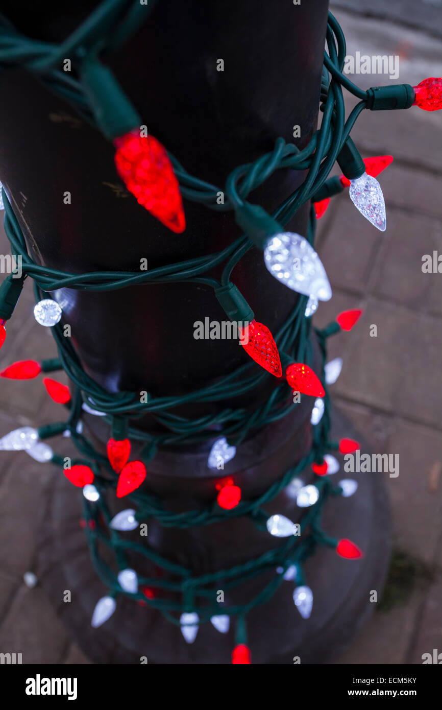 Christmas Light wrapped around a pole in downtown Brampton, Ontario