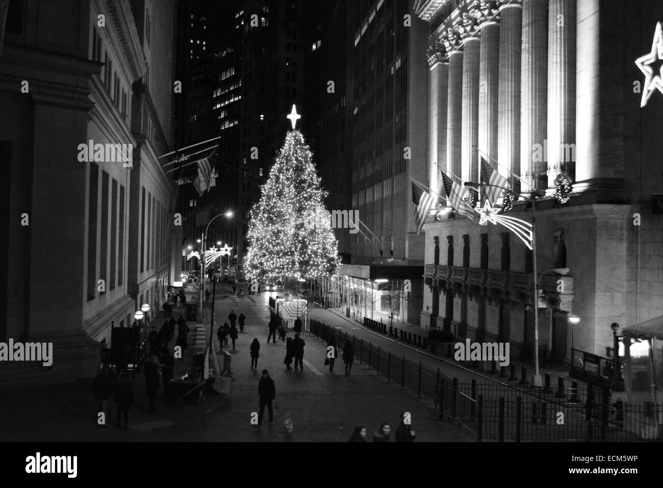 Christmas Tree in front of the New York Stock Exchange in Lower Manhattan. Stock Photo