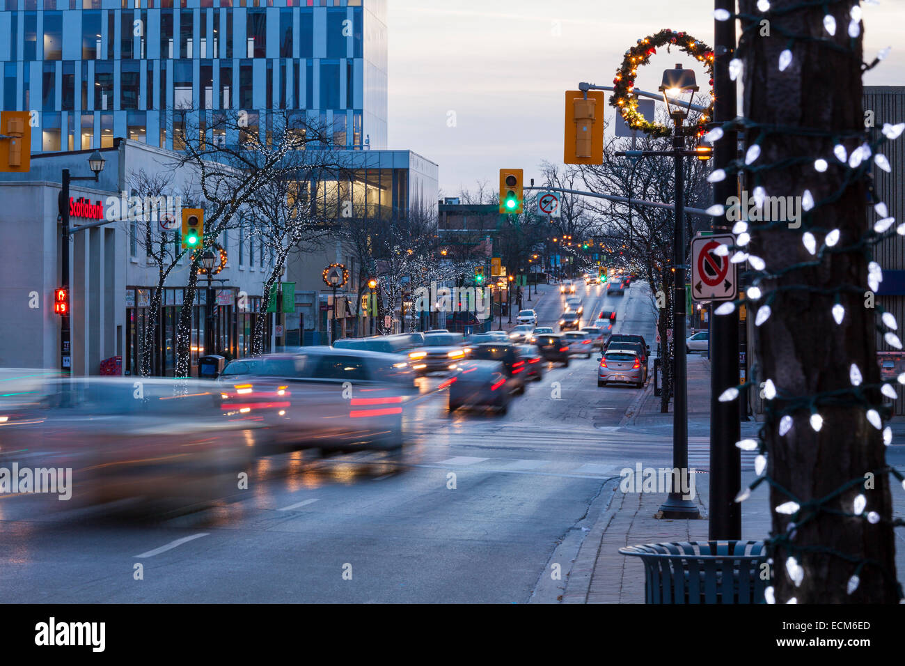 Looking down a decorated Queen Street in downtown Brampton, Ontario