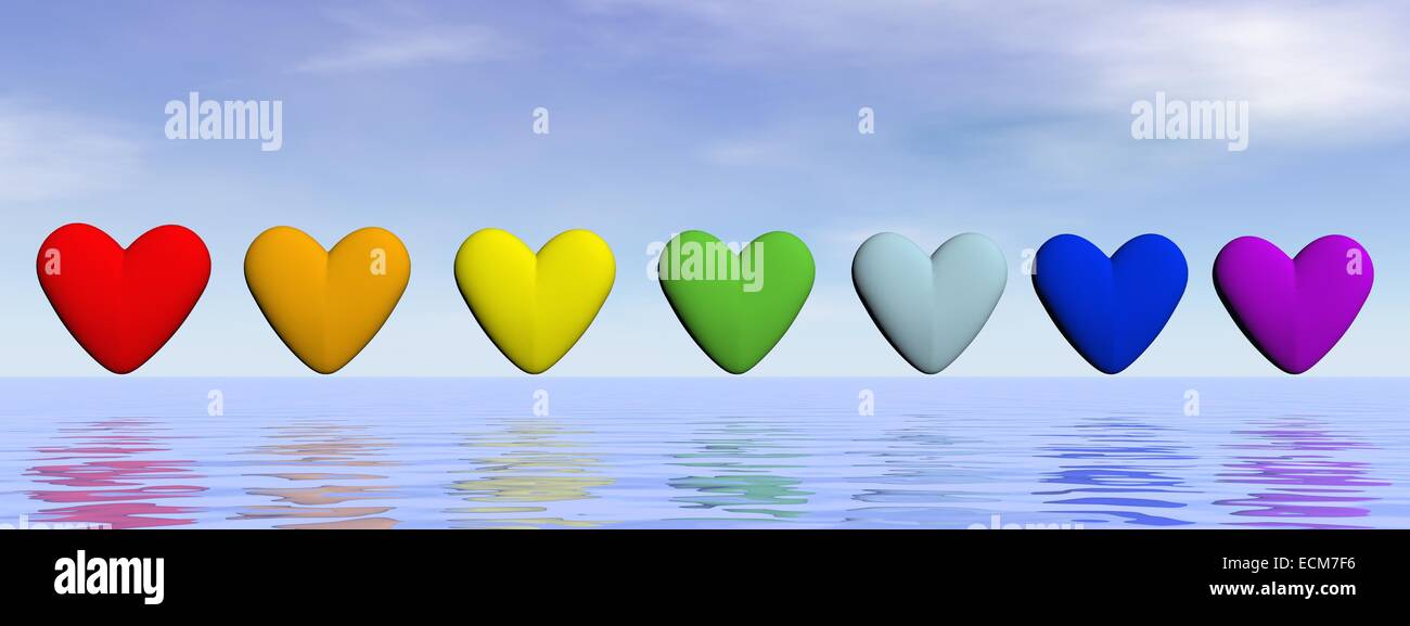Seven hearts in a row with chakra colors upon water by beautiful day Stock Photo