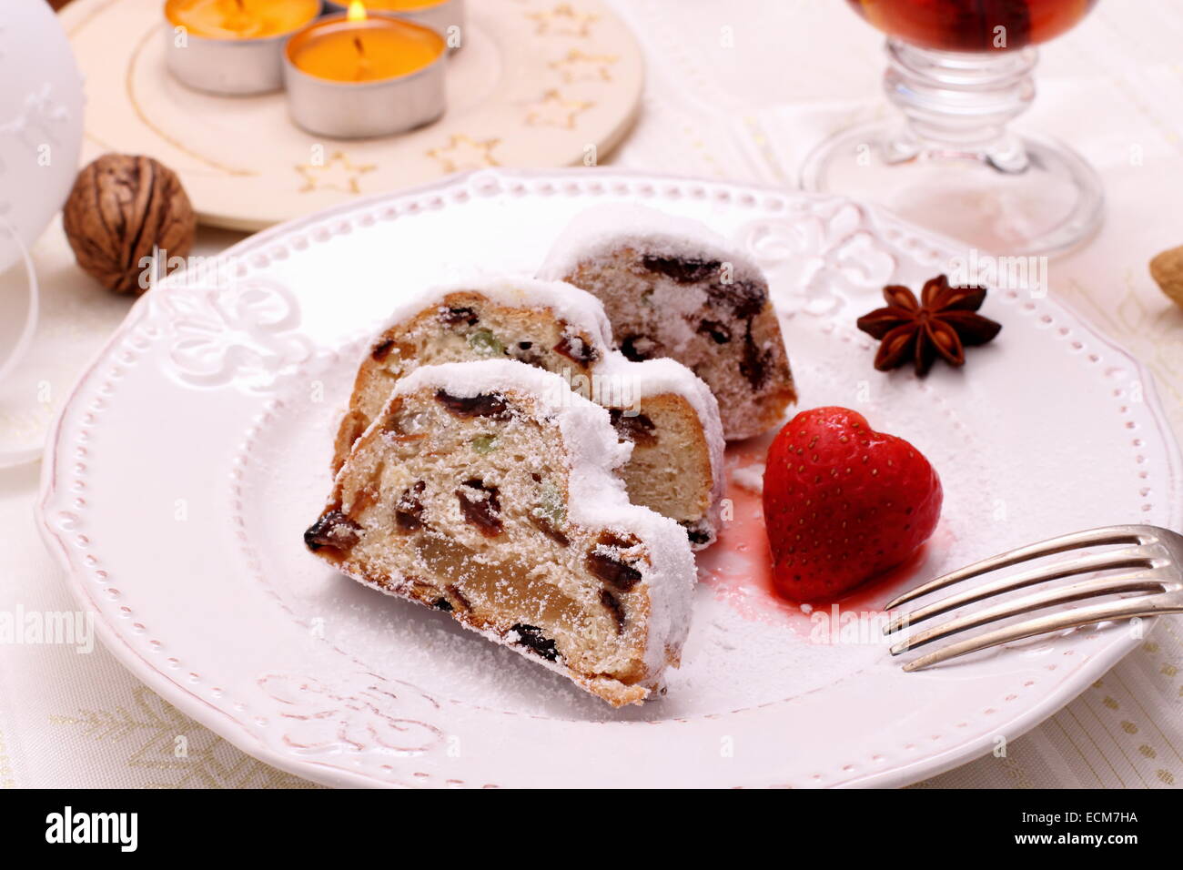 Christmas stollen cake with strawberry, top view Stock Photo