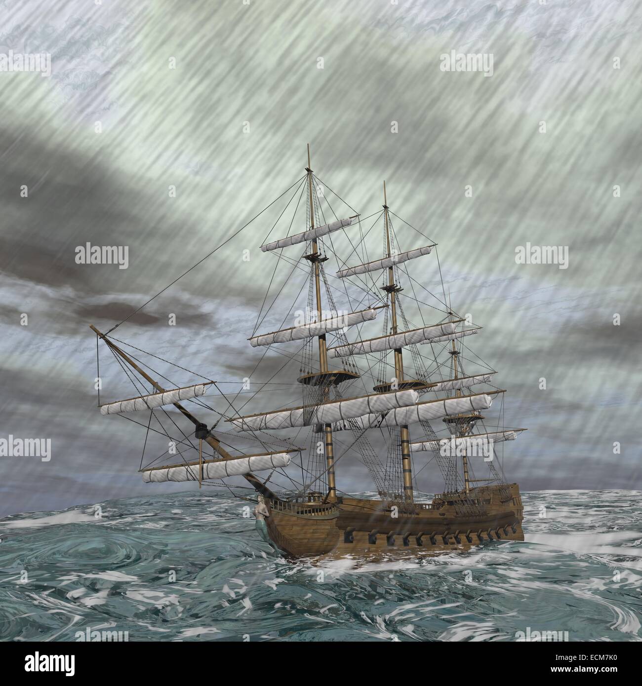 Old ship lost in the middle of a raining storm on ocean Stock Photo - Alamy