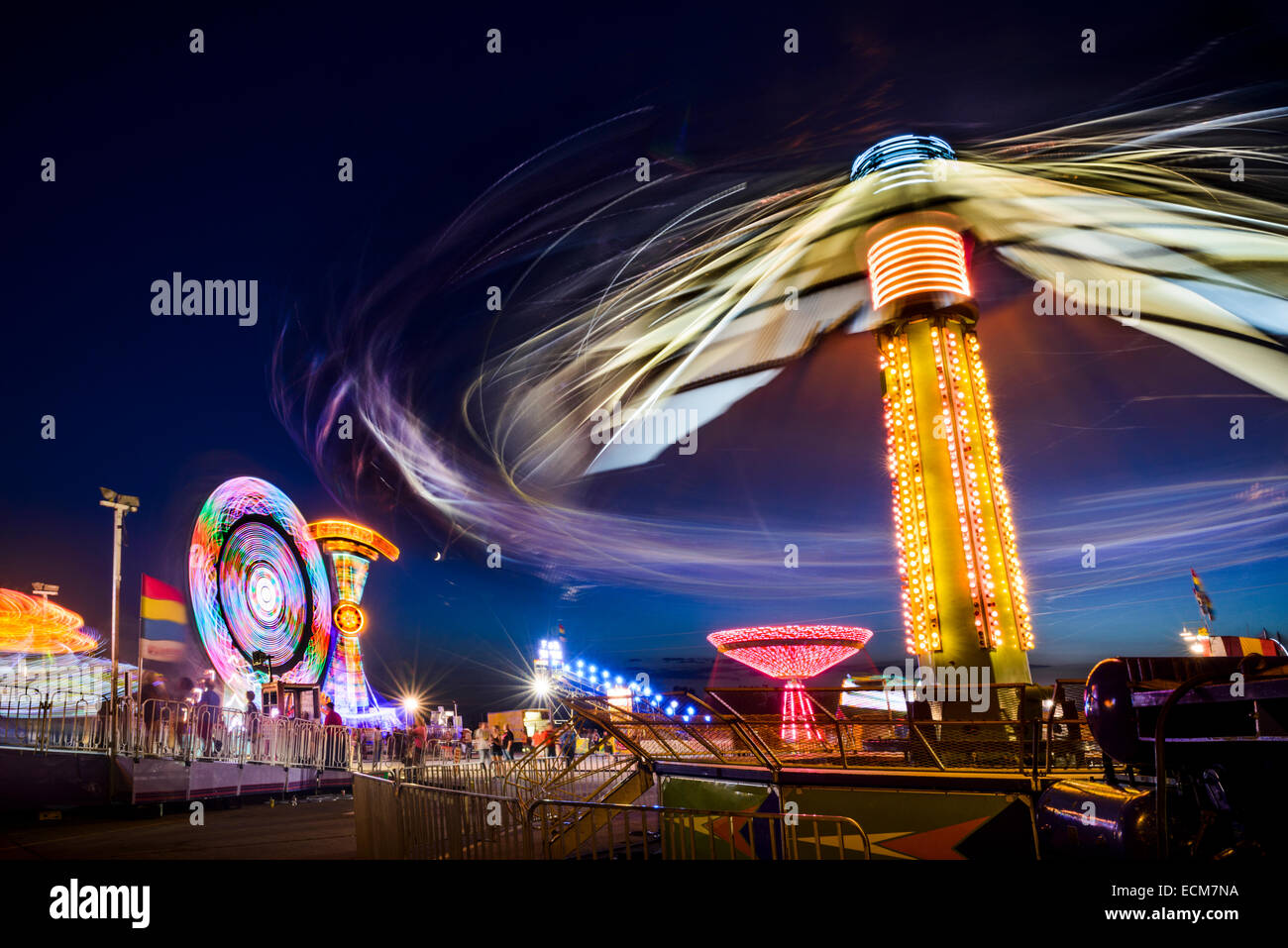 night shots of carnival rides at the county fair Stock Photo