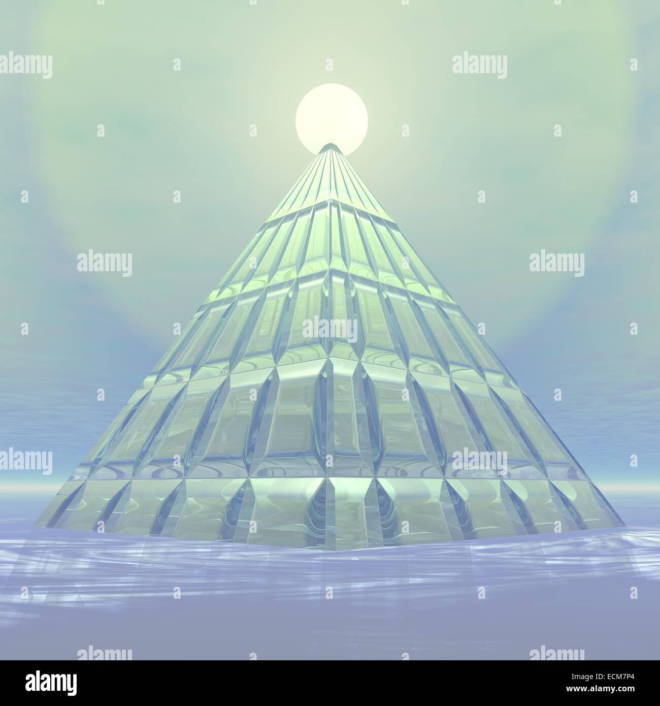 Transparent pyramid made with glass in front of clear sunset Stock Photo