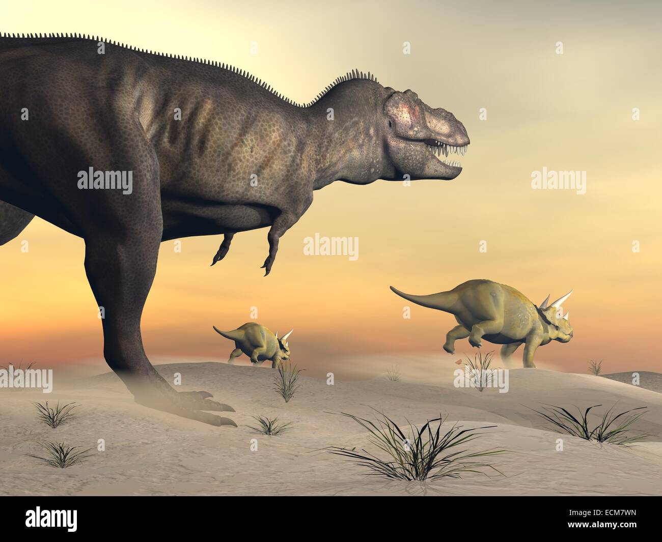 T-Rex dinosaur running in environment with some plants. 3D realistic  illustration Stock Photo - Alamy