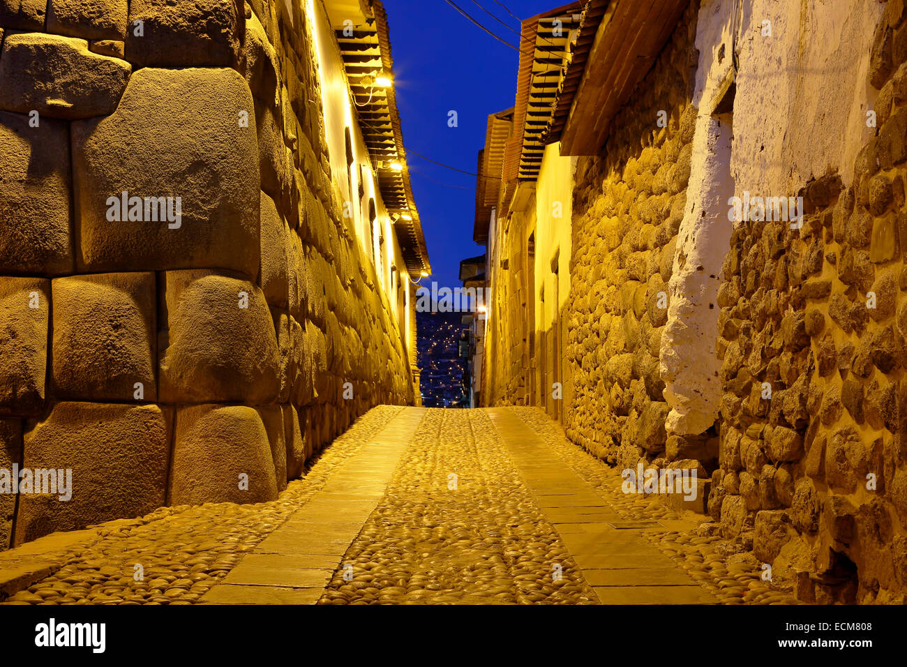 Inca stone walls and cobbled street, Cusco, Peru Stock Photo