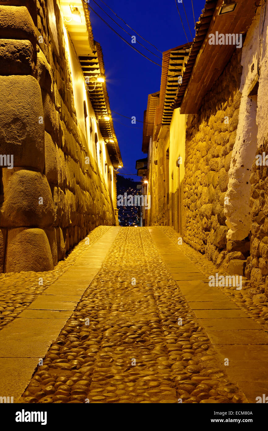 Inca stone walls and cobbled street, Cusco, Peru Stock Photo