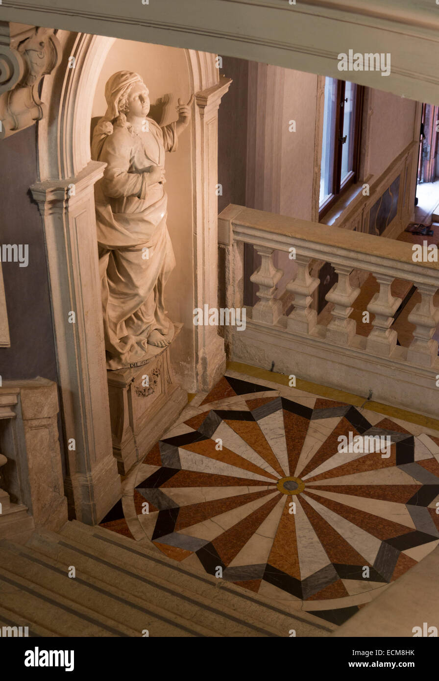 staircase with inlaid marble paving and statue, Gallerie dell'Accademia, Venice, Italy Stock Photo