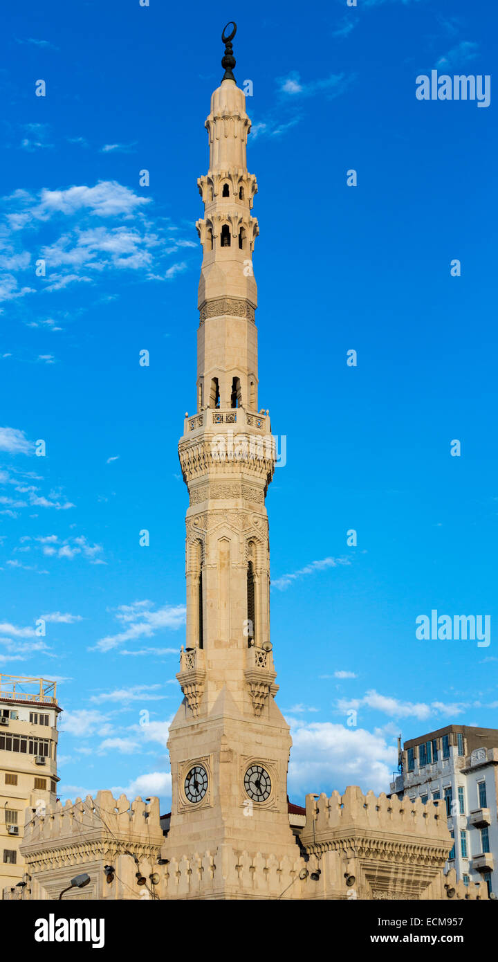 view of minaret Al-Qaid Ibrahim mosque, Alexandia, Egypt Stock Photo