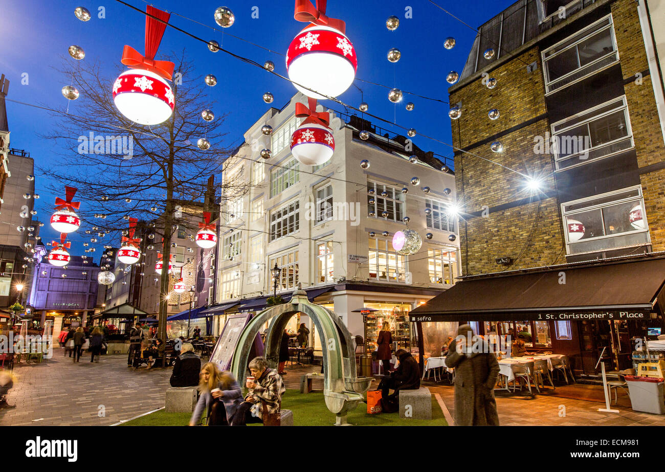 Christmas Decorations In St. Christophers Place At Night London UK Stock Photo