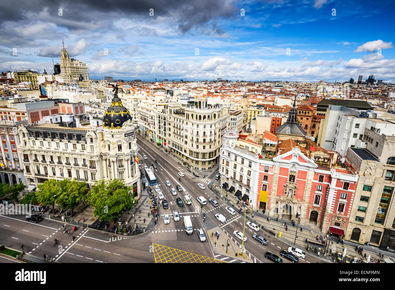 Madrid, Spain cityscape above Gran Via shopping street. Stock Photo