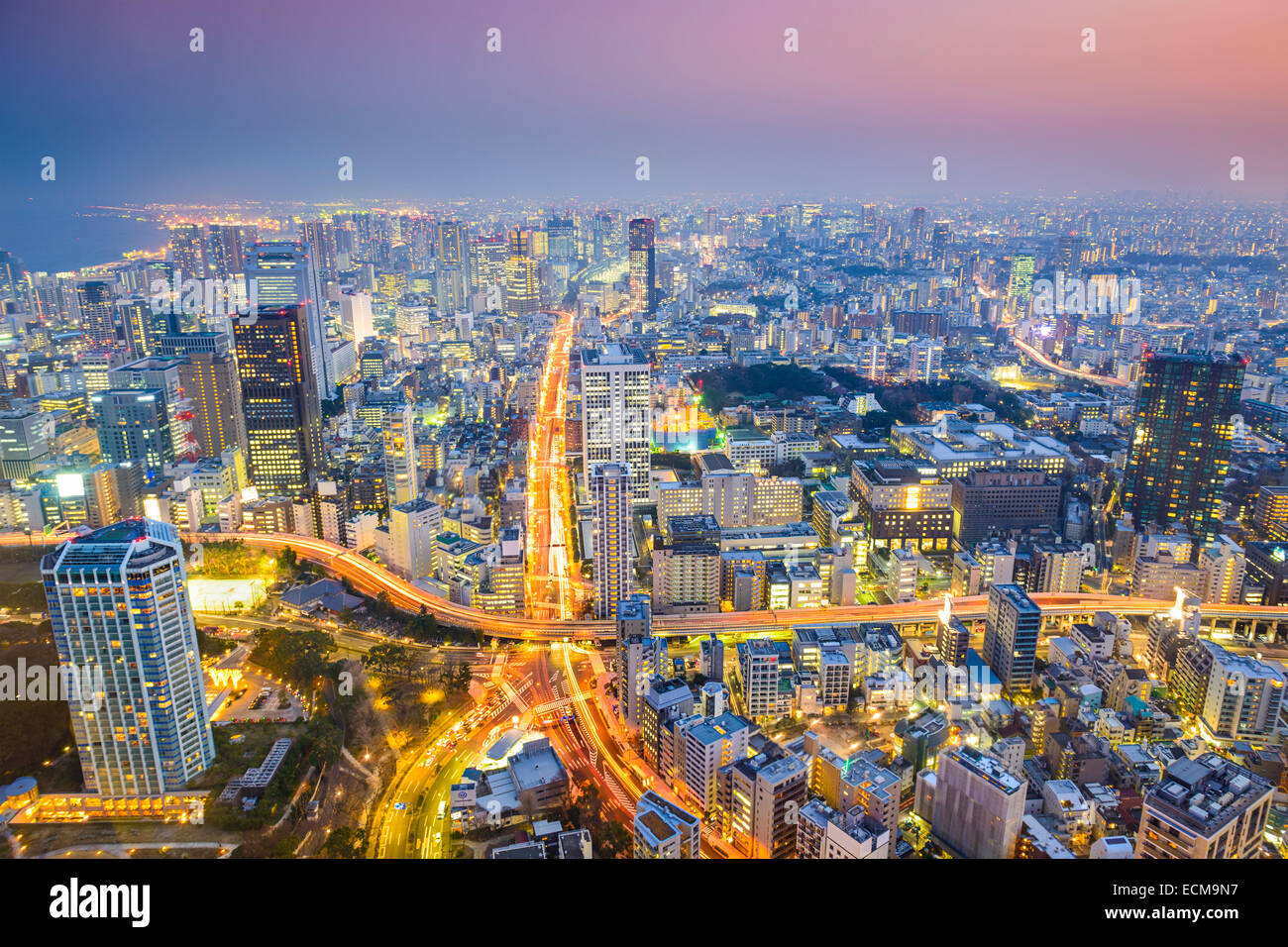 Tokyo, Japan cityscape at dusk above highway junction. Stock Photo