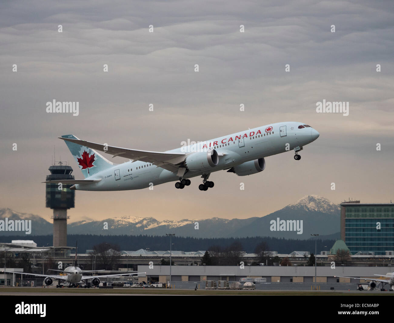 An Air Canada Boeing 787-8 Dreamliner (C-GHPY; fin#806) airliner departs from Vancouver International Airport, Canada. Stock Photo