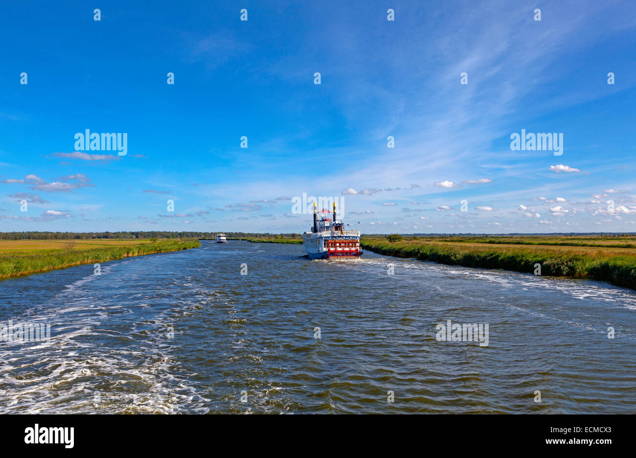 Paddle steamer River Star on the Prerower Strom, Prerow, Darß-Zingst, Western Pomerania Lagoon Area National Park Stock Photo