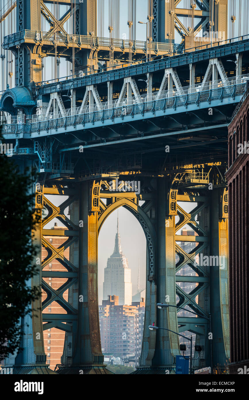 Empire State Building and Manhattan Bridge, from Brooklyn, Manhattan, New York City, New York, United States Stock Photo
